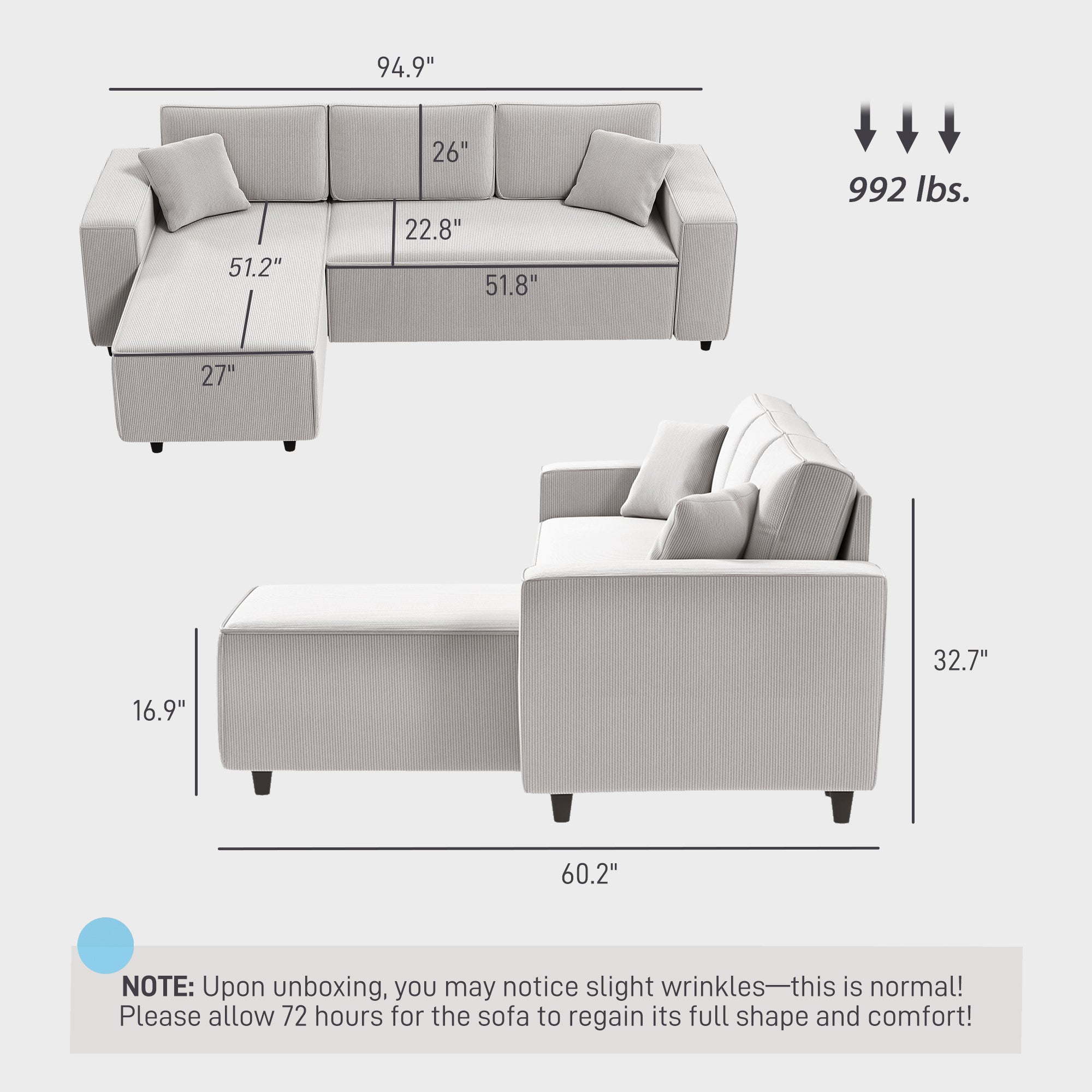 Corner Sofa with Reversible Chaise Lounge, Corduroy L-Shaped Sectional Sofa with Pocket Spring, Light Gray