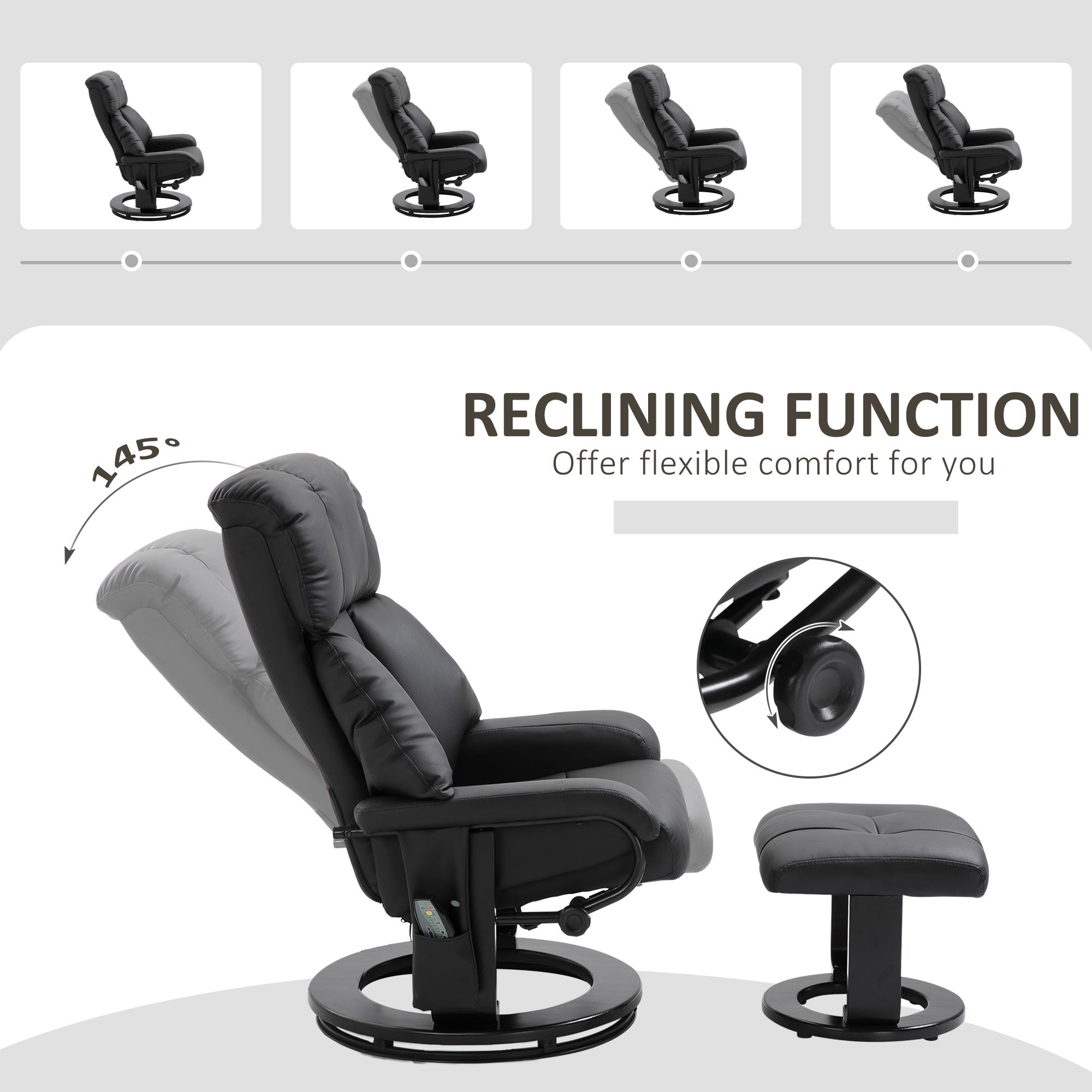 Massage Recliner Chair with Ottoman, 360° Swivel Recliner and Footstool, 10 Point Vibration, PU Leather Reclining Chair with Side Pocket and Remote Control, Black