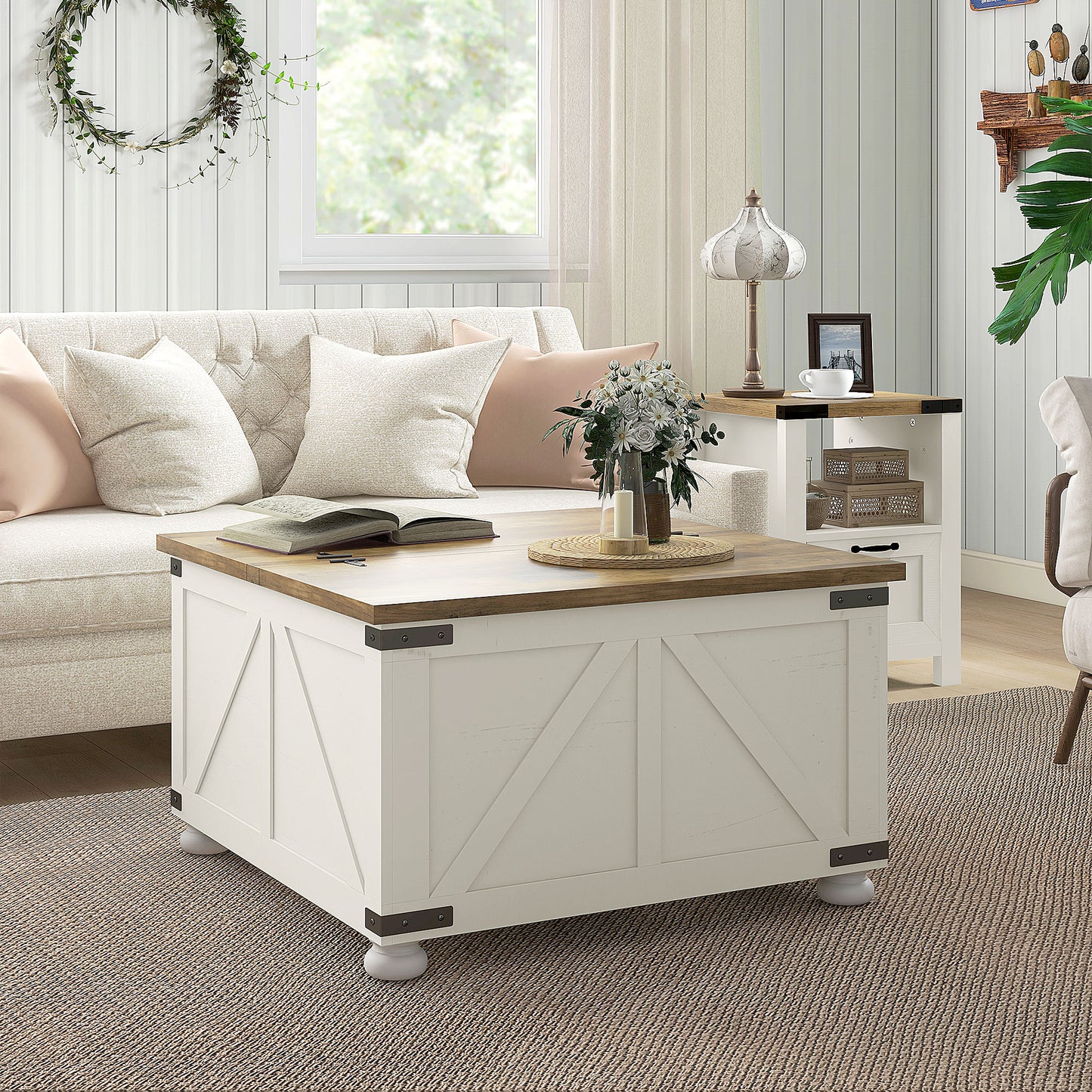 Farmhouse Coffee Table with Storage, Large Square Coffee Table for Living Room Furniture, Wooden Center Table
