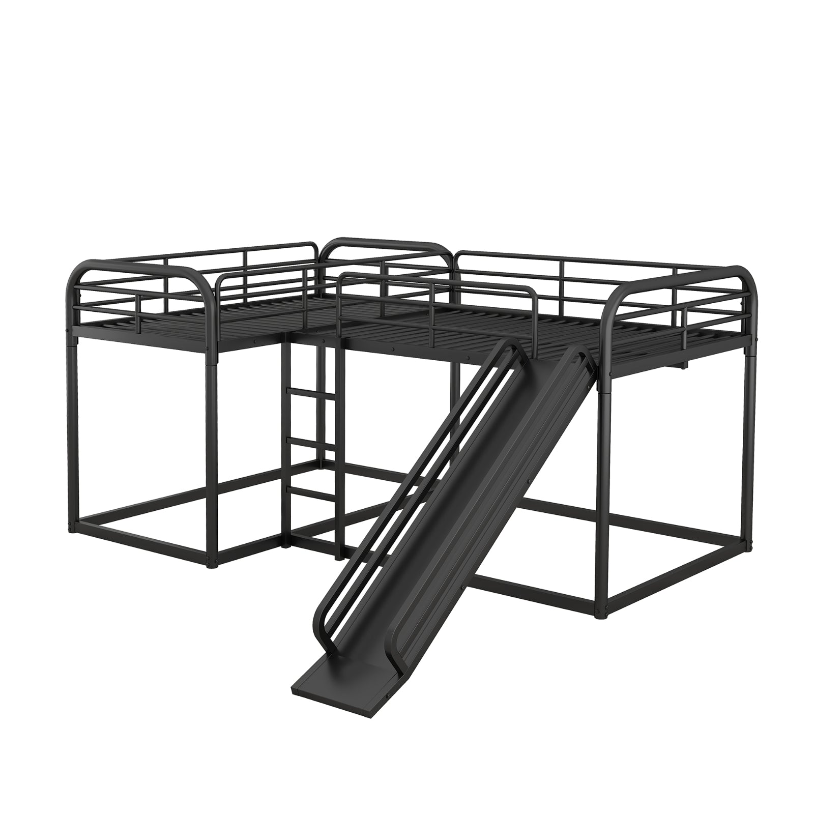 Full And Twin Size L-Shaped Bunk Bed With Slide And Short Ladder, Black