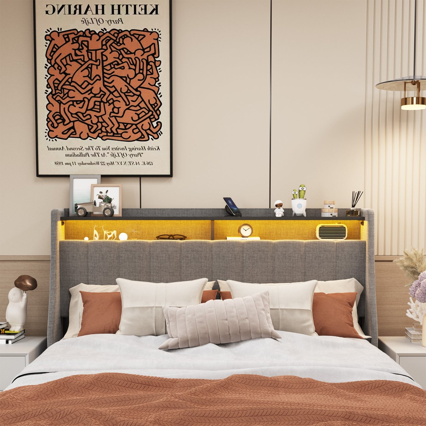Queen Size Bed Frame With LED, Storage Drawers, Wings Headboard - Light Gray