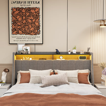 Queen Size Bed Frame With LED, Storage Drawers, Wings Headboard - Light Gray