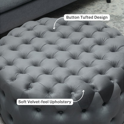 Round Ottoman Coffee Table with Velvet-feel Upholstery, Button Tufted Design and Padded Seat, Dark Gray
