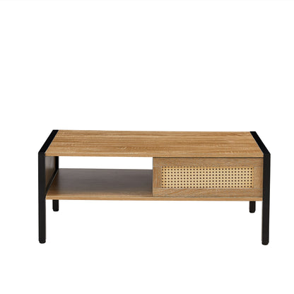 Rattan Coffee Table Metal Legs Modern Table Sliding Door For Storage