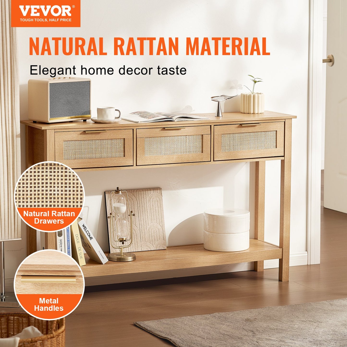 Rattan Console Table With 3 Storage Drawers, Rattan Entryway Table With Natural Rattan Sliding Door, Console Sofa Table For Living Room, Study, Entryway Or TV Wall, Natural
