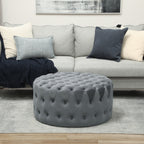 Round Ottoman Coffee Table with Velvet-feel Upholstery, Button Tufted Design and Padded Seat, Dark Gray