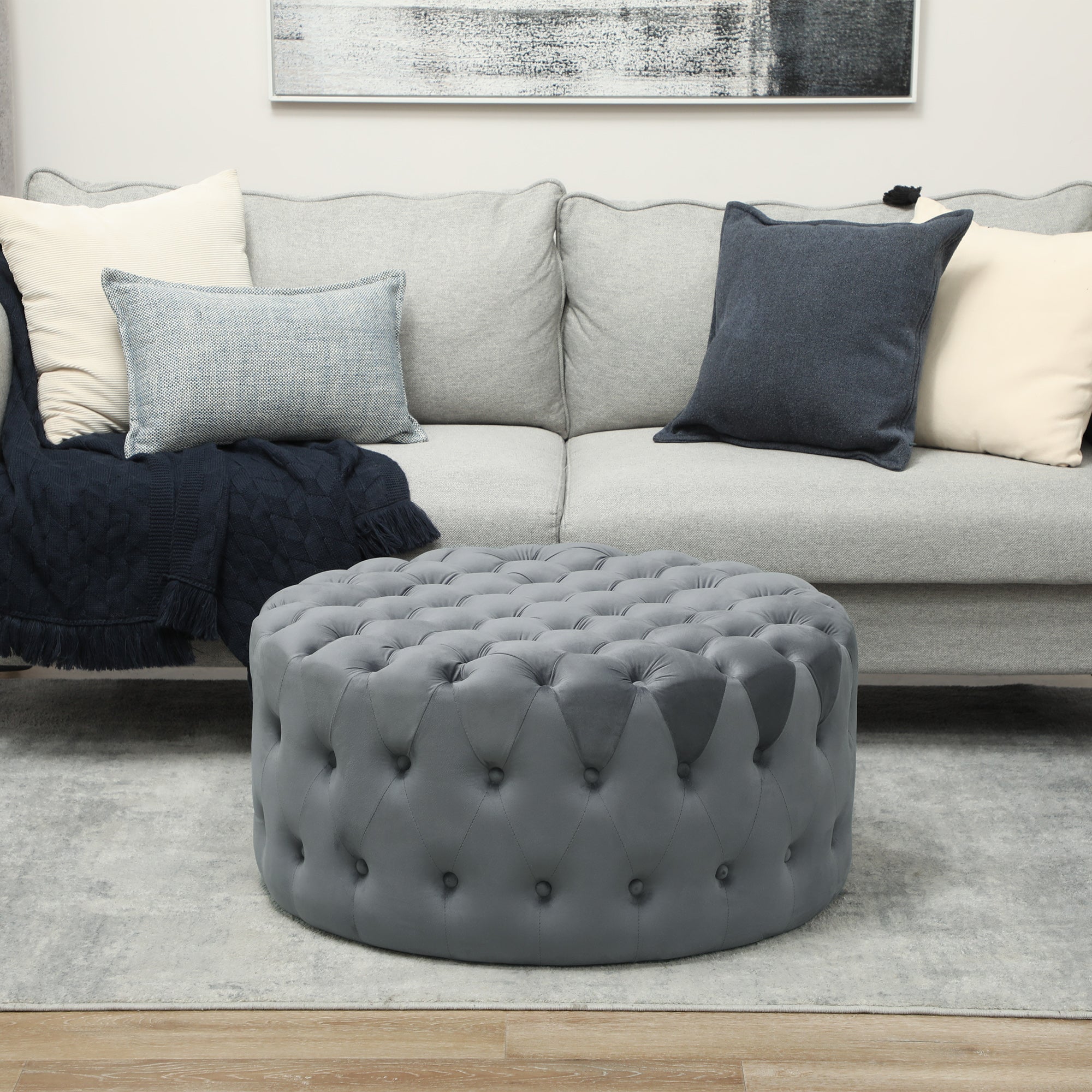 Round Ottoman Coffee Table with Velvet-feel Upholstery, Button Tufted Design and Padded Seat, Dark Gray