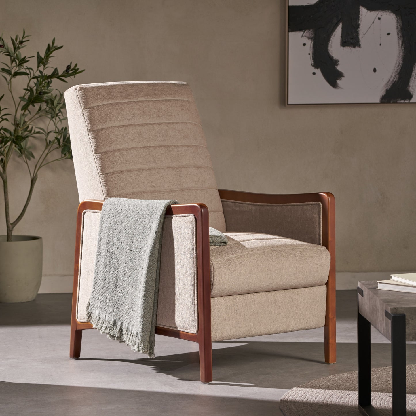 Mid Century Modern Fabric Channel   Wood Pushback Recliner