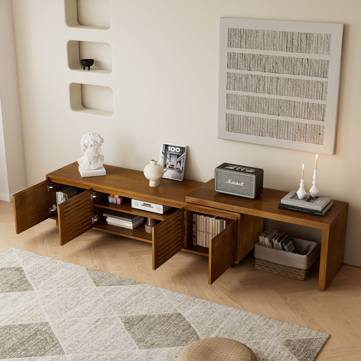 63 Mid-Century Modern Extendable TV Stand For TVs Up To 75, Media Console TV Cabinet For Living Room, Farmhouse Entertainment Cabinet With Storage & Adjustable Panel