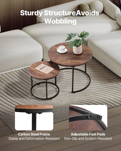 Nesting Coffee Table Set Of 2, 23.6 In Round Coffee Table, Nesting Tables For Small Place, End Side Tables Night Stand With Metal Frame, For Living Room, Bedroom, Office (Vintage Brown & Black)