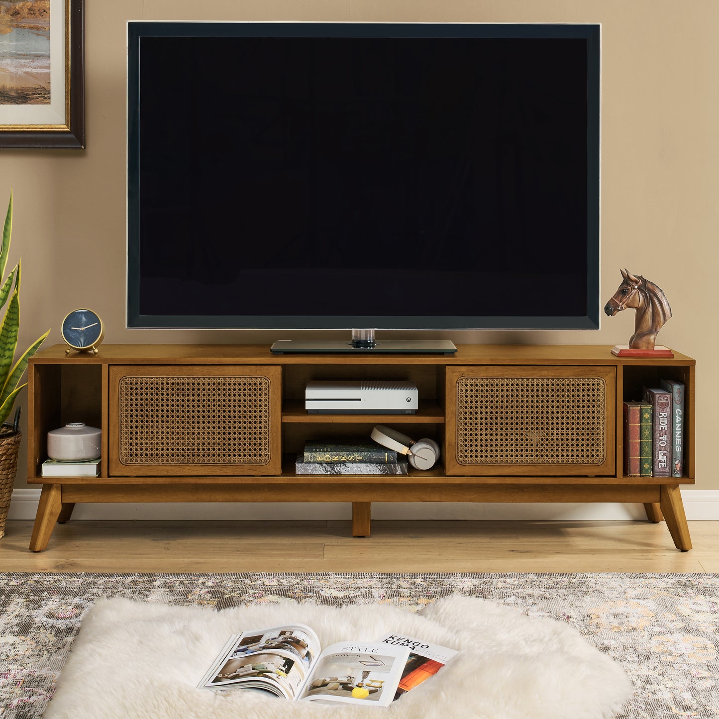 67.9 Inch Mid Century Modern Rattan TV Stand For TVs Up To 75, Entertainment Cabinet, Media Console For Living Room Media Room, Solid Wood Feet & Rattan Cabinet Doors - Light Walnut