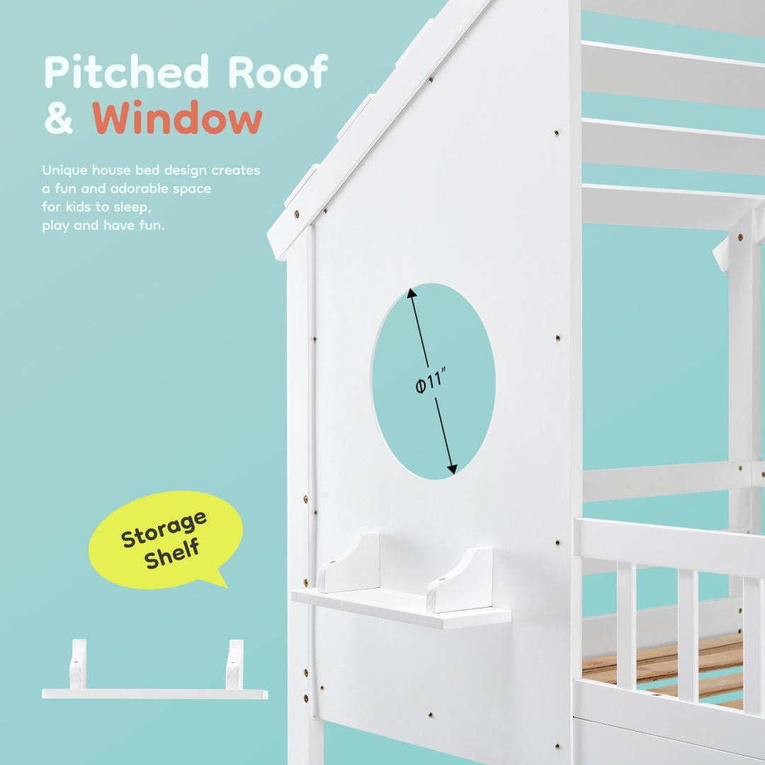 A-B Combination Sale, Please Do Not Buy Separately---Wood Twin Over Twin House Bunk Bed, Loft Bed With Ladder, Safety Guardrail, Wooden Slats & Window