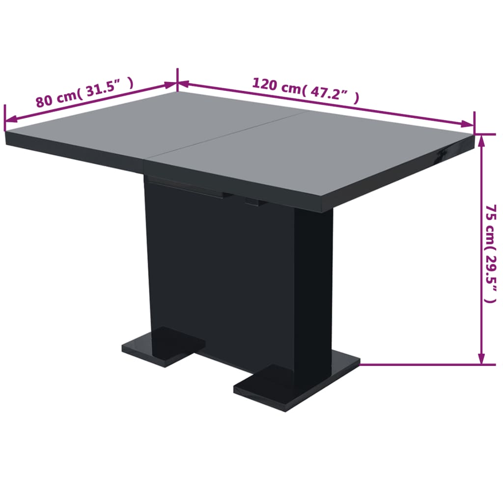 Kitchen Table Glossy Black MDF, Steel Extendable Dining Table