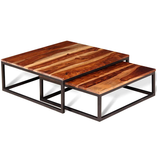 Nesting Table Set of 2 Brown Solid Acacia Wood Medium