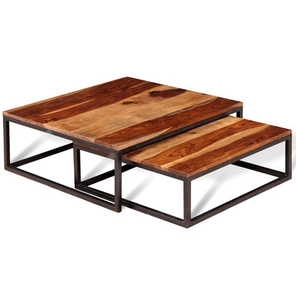 Nesting Table Set of 2 Brown Solid Acacia Wood Medium