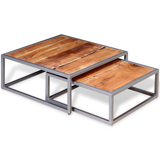 Coffee Table Set of 2 Brown Solid acacia wood, steel Medium