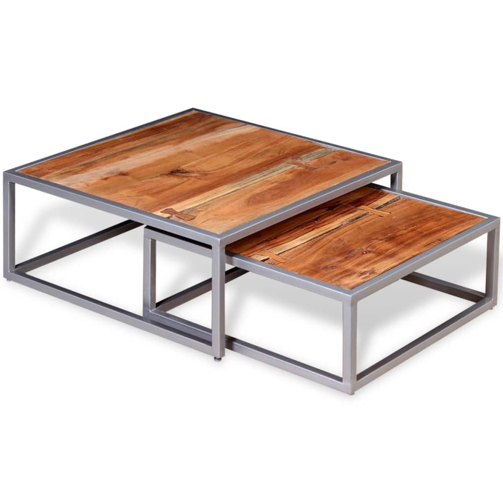 Coffee Table Set of 2 Brown Solid acacia wood, steel Medium