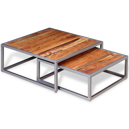 Coffee Table Set of 2 Brown Solid acacia wood, steel Medium