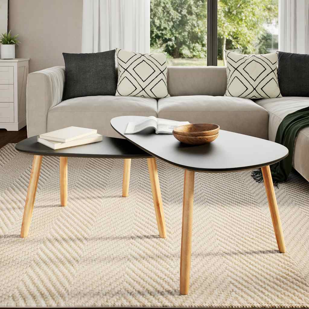 Coffee Table Set of 2 Black Solid pine wood legs, MDF tabletop