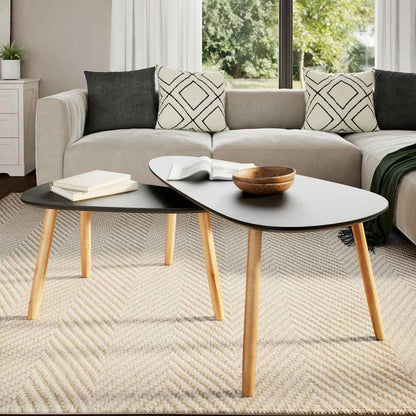Coffee Table Set of 2 Black Solid pine wood legs, MDF tabletop