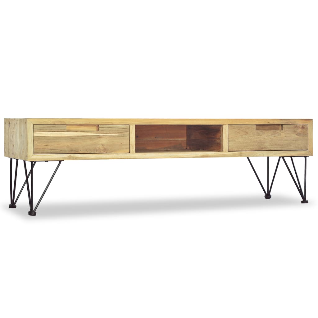 TV Cabinet Natural Wood Recycled Solid Teak, Wrought Iron
