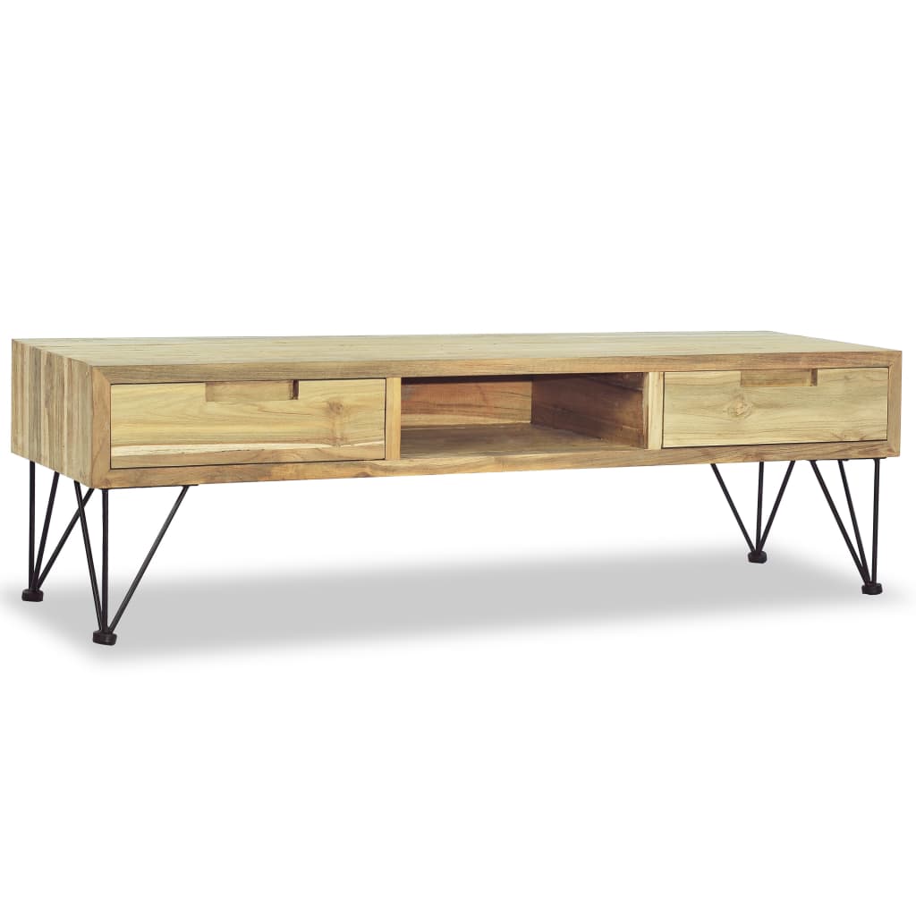 TV Cabinet Natural Wood Recycled Solid Teak, Wrought Iron