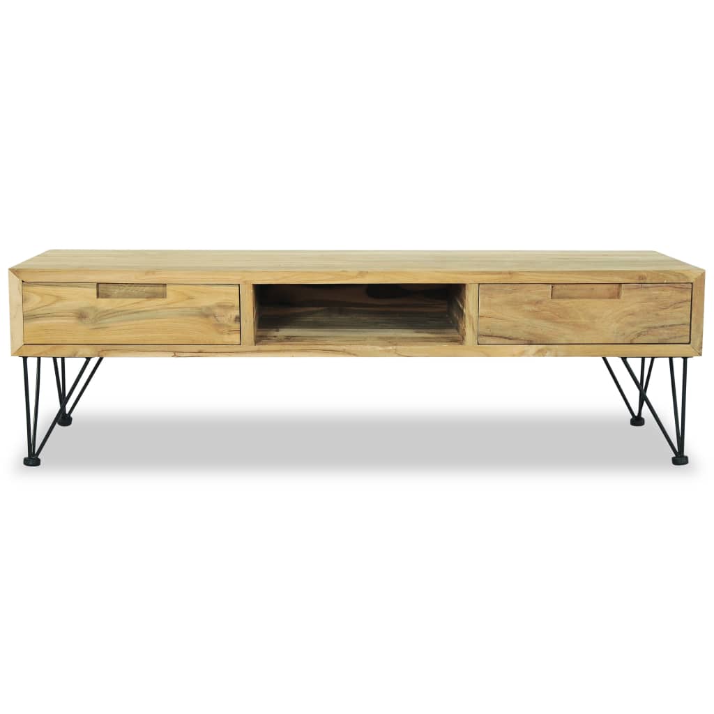 TV Cabinet Natural Wood Recycled Solid Teak, Wrought Iron