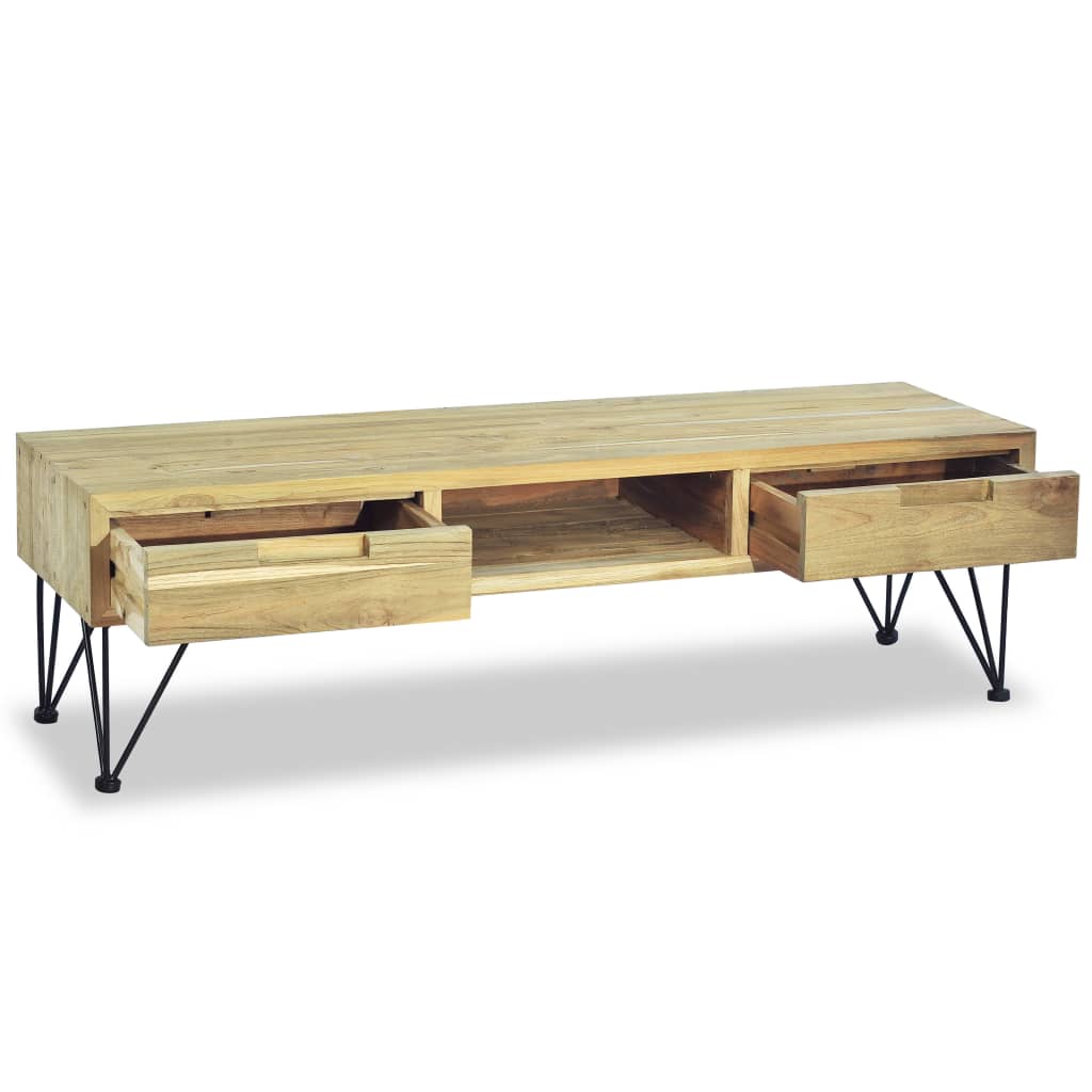 TV Cabinet Natural Wood Recycled Solid Teak, Wrought Iron