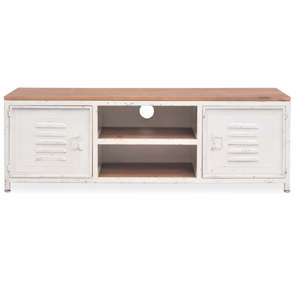 TV Stand White and Brown Galvanized Steel and Solid Fir Wood Small