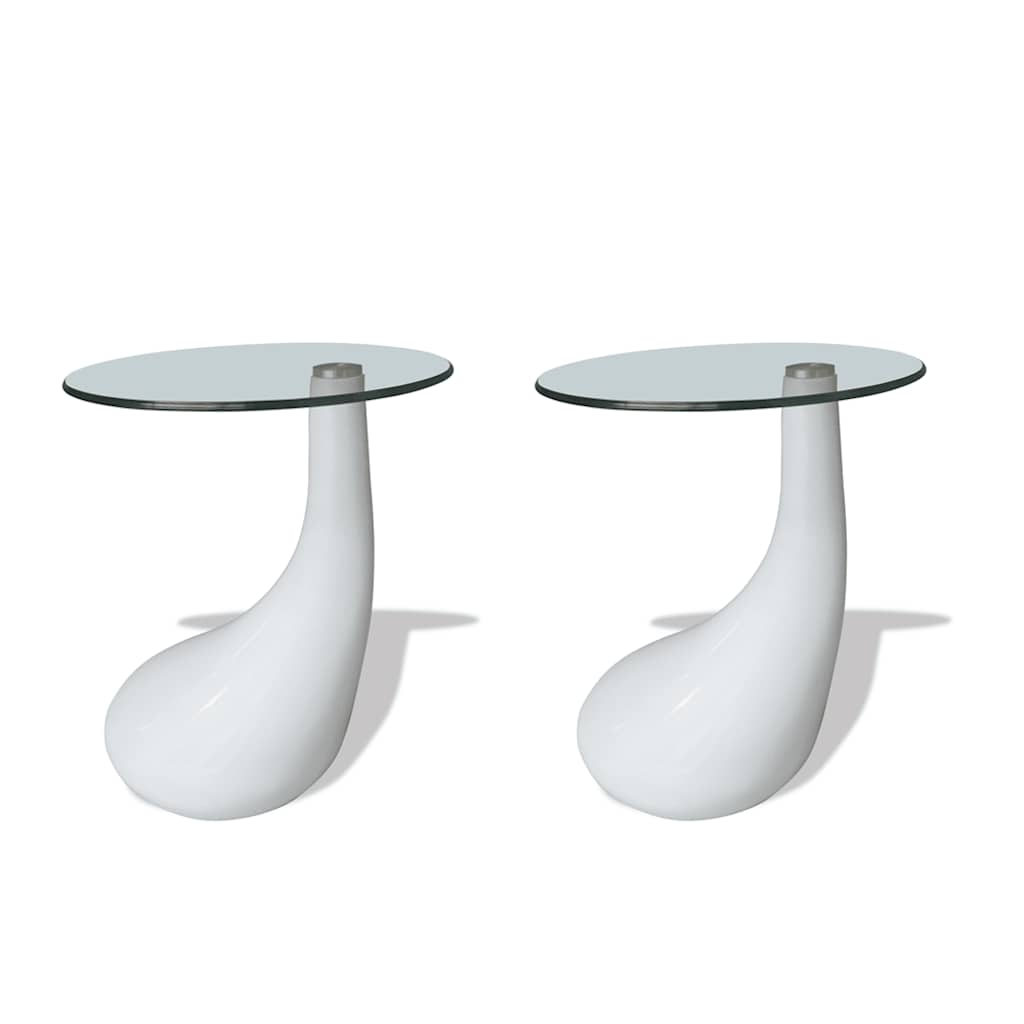 Coffee Table Set of 2 High Gloss White Fiberglass, Tempered Glass
