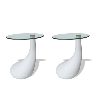 Coffee Table Set of 2 High Gloss White Fiberglass, Tempered Glass