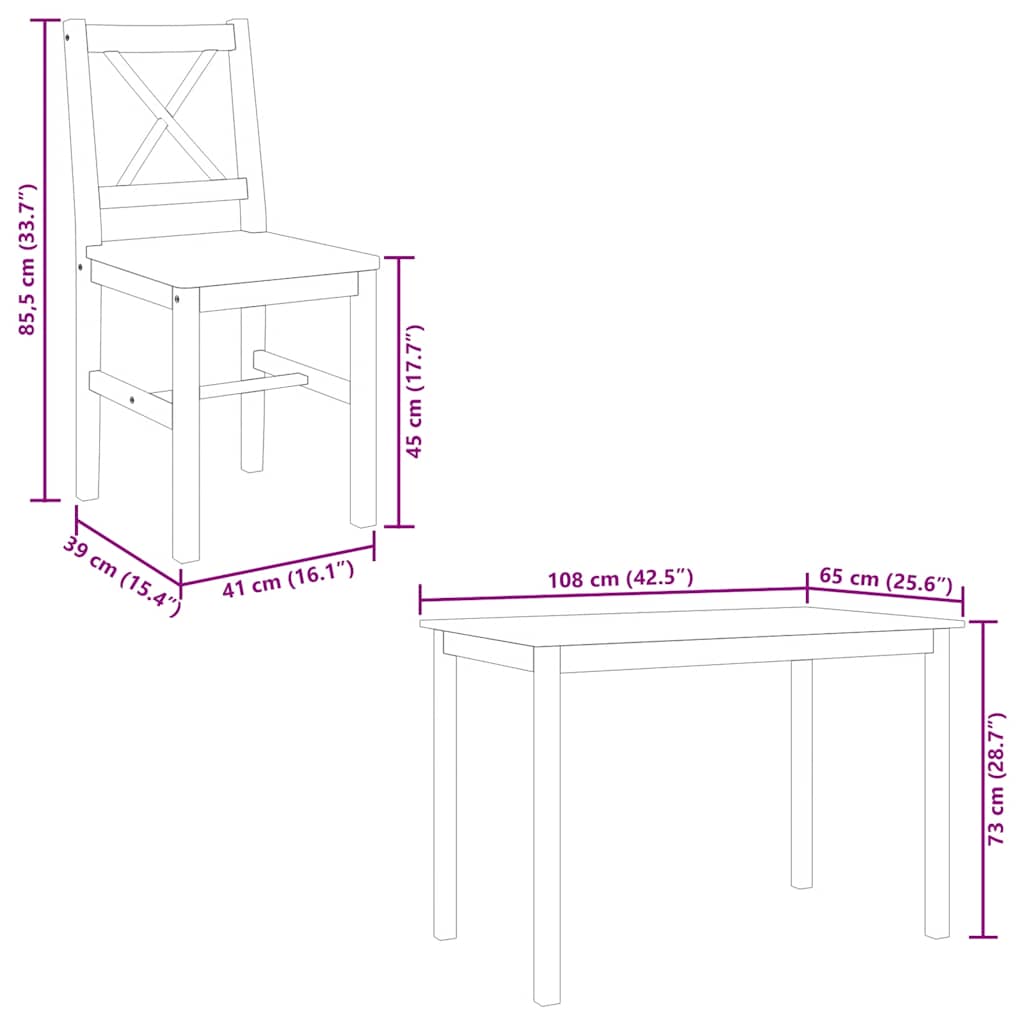 Dining Set White Pine wood 5 Piece Durable Dining Table