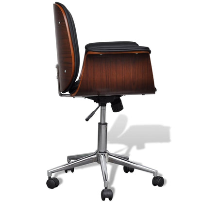 Office Chair Black and Brown Faux Leather, Bent Wood, Chromed Iron