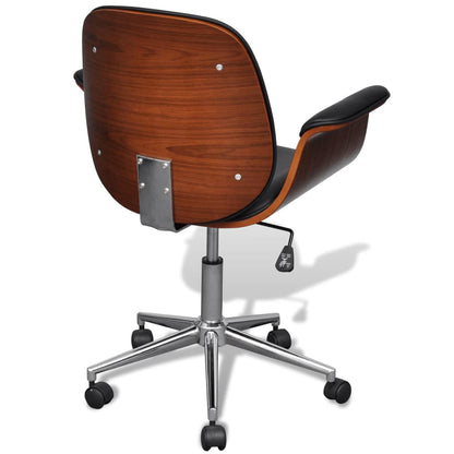 Office Chair Black and Brown Faux Leather, Bent Wood, Chromed Iron