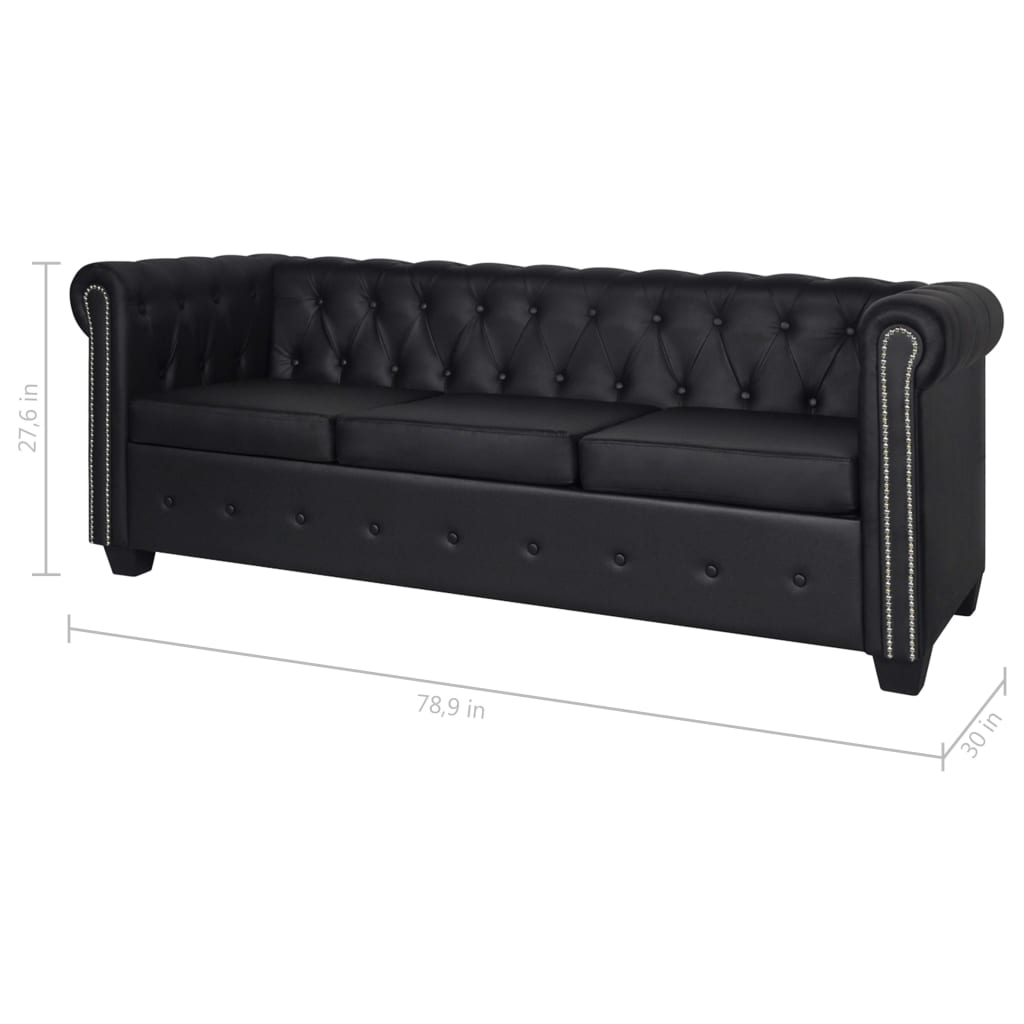 Sofa Black Artificial Leather, Wooden Frame, MDF, Plywood 3-Seater