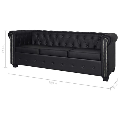 Sofa Black Artificial Leather, Wooden Frame, MDF, Plywood 3-Seater