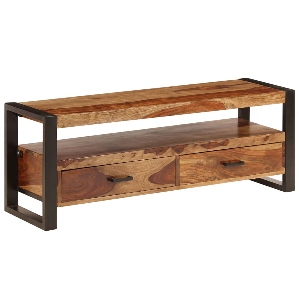 TV Cabinet Brown, Black Solid Acacia Wood, Powder-Coated Steel