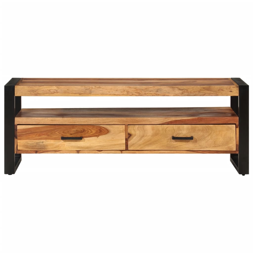TV Cabinet Brown, Black Solid Acacia Wood, Powder-Coated Steel