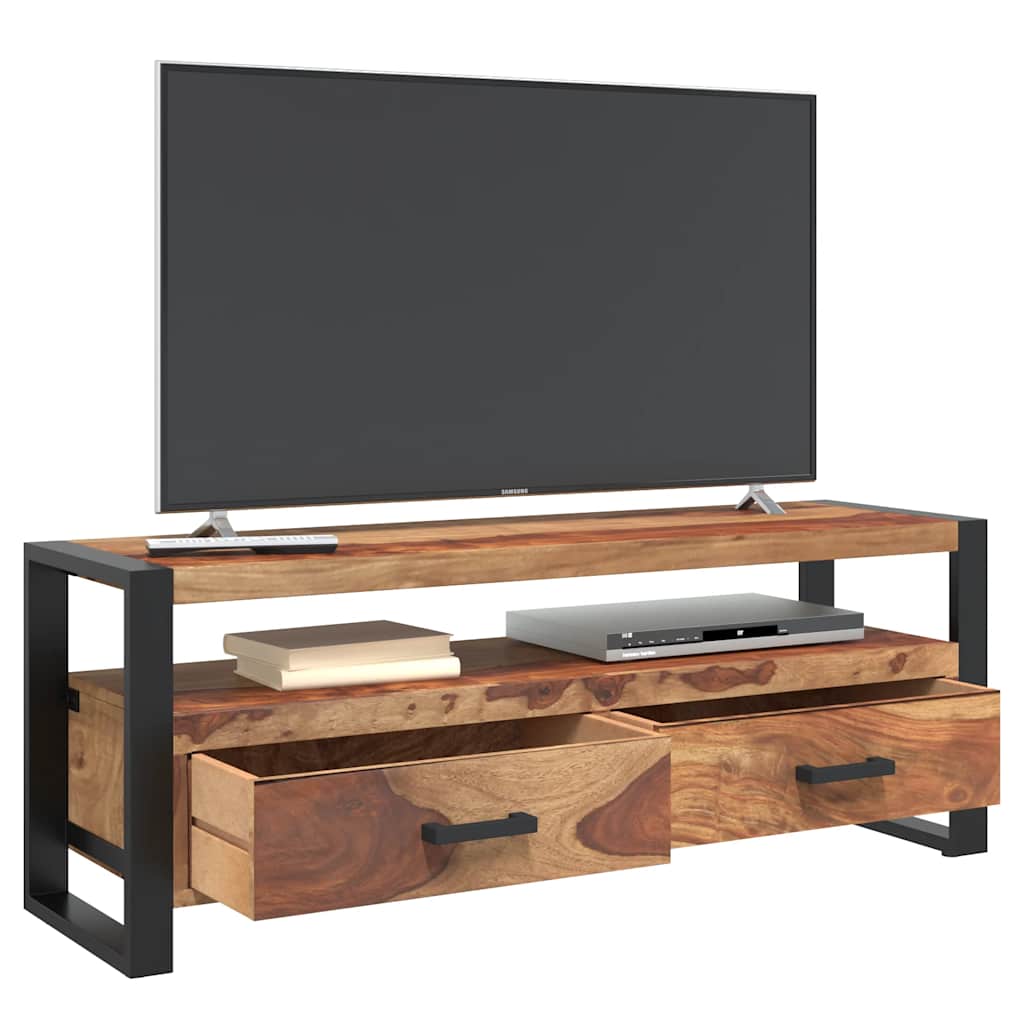 TV Cabinet Brown, Black Solid Acacia Wood, Powder-Coated Steel