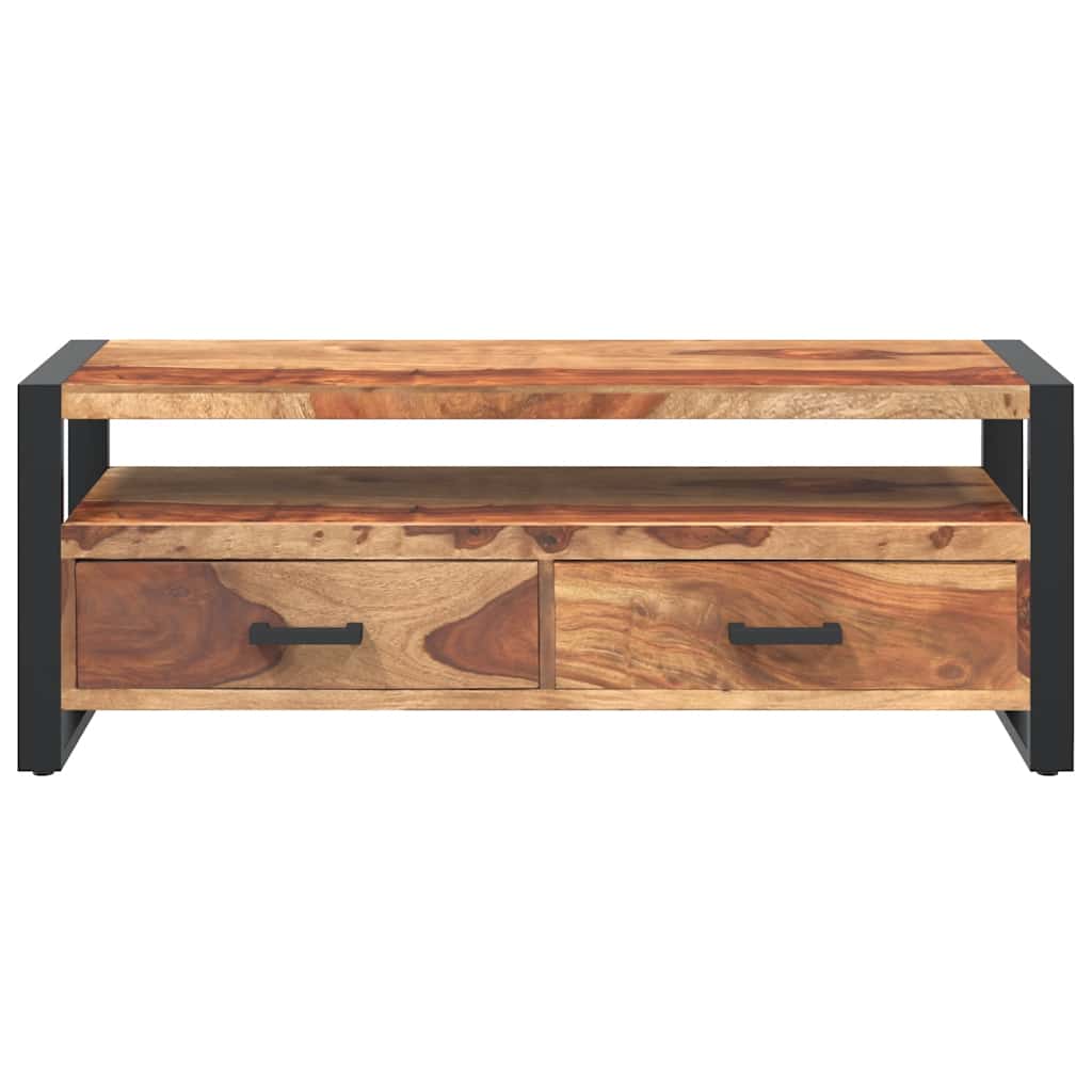 TV Cabinet Brown, Black Solid Acacia Wood, Powder-Coated Steel