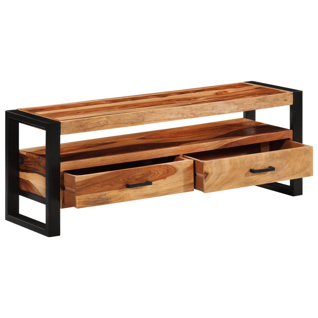 TV Cabinet Brown, Black Solid Acacia Wood, Powder-Coated Steel