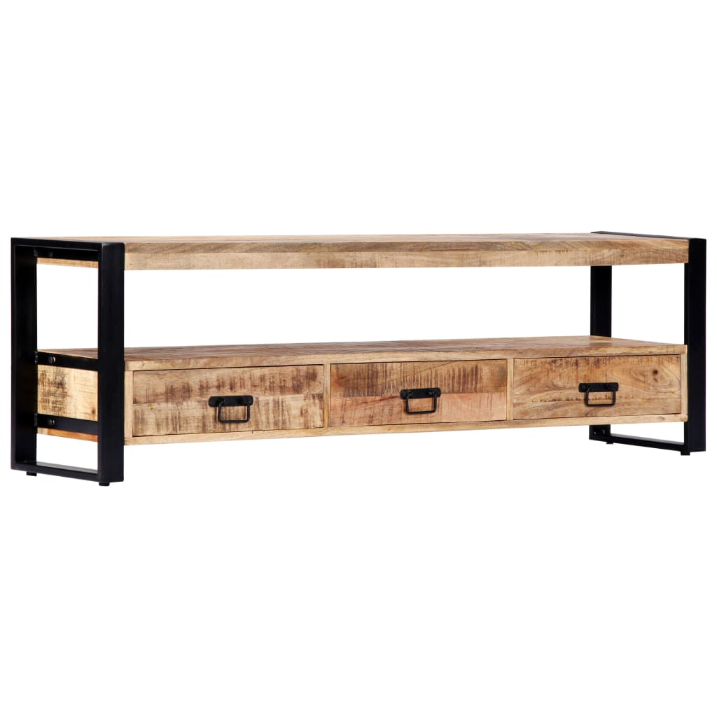 TV Stand Natural Wood, Black Solid Mango Wood, Powder-Coated Steel