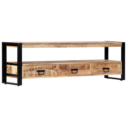 TV Stand Natural Wood, Black Solid Mango Wood, Powder-Coated Steel