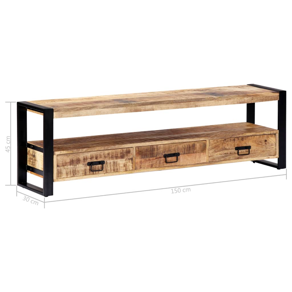 TV Stand Natural Wood, Black Solid Mango Wood, Powder-Coated Steel