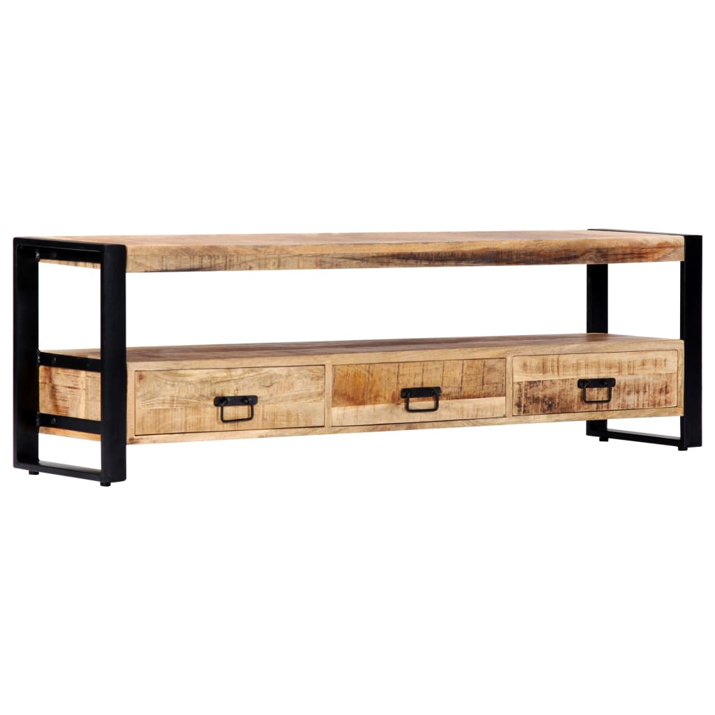 TV Stand Natural Wood, Black Solid Mango Wood, Powder-Coated Steel