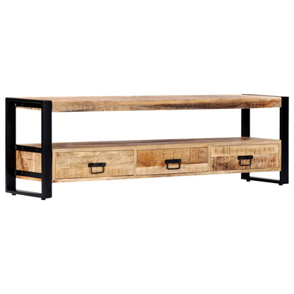TV Stand Natural Wood, Black Solid Mango Wood, Powder-Coated Steel