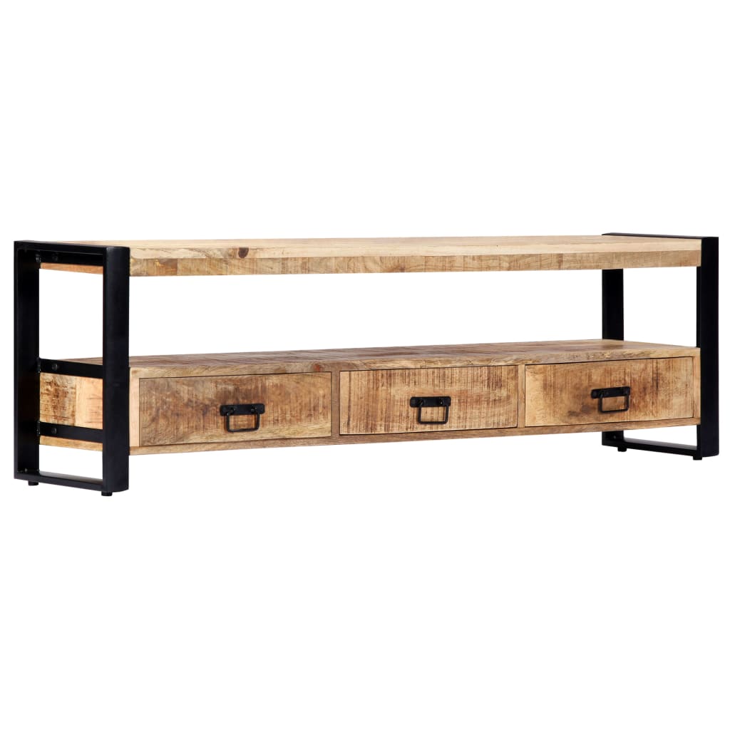 TV Stand Natural Wood, Black Solid Mango Wood, Powder-Coated Steel