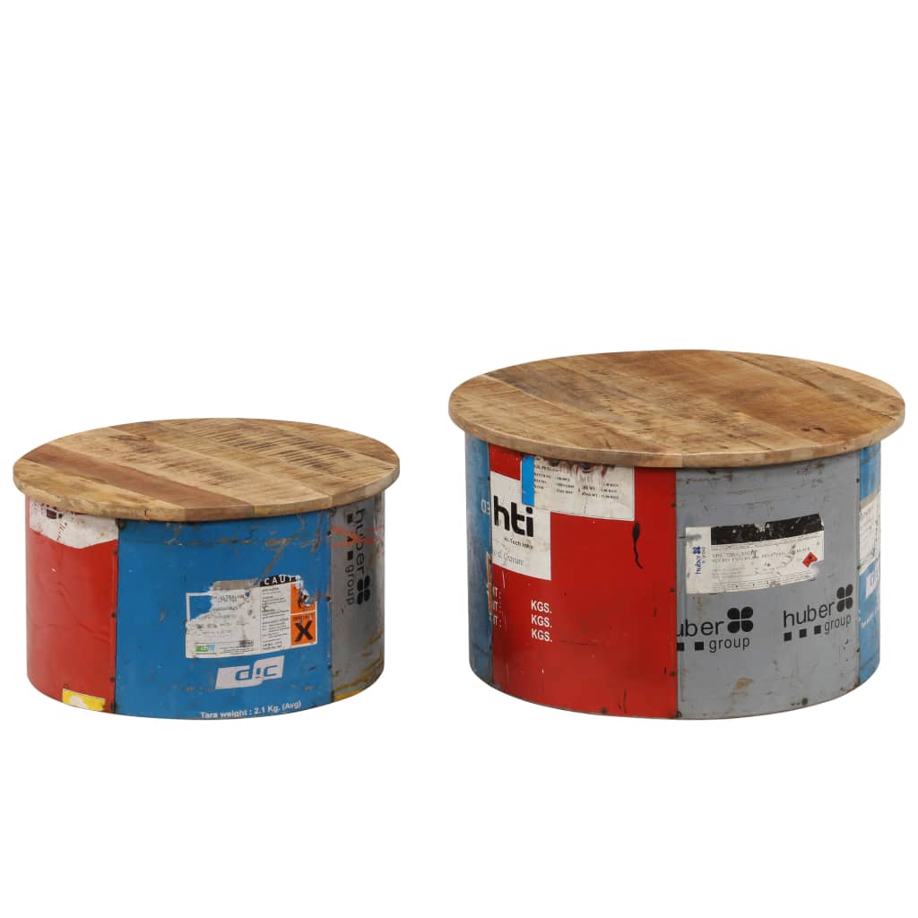 Coffee Table Set of 2 Multicolor Solid mango wood, old tin sheet