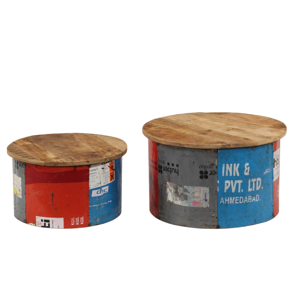 Coffee Table Set of 2 Multicolor Solid mango wood, old tin sheet