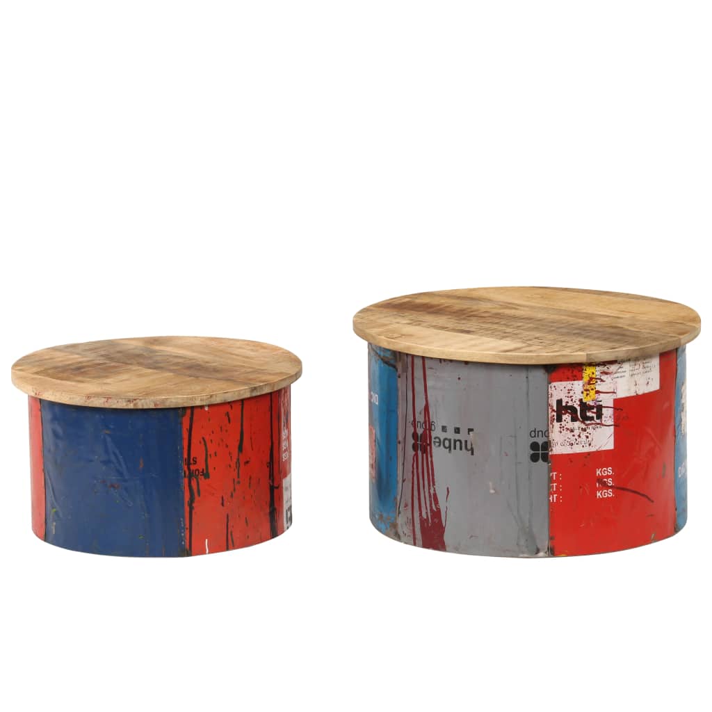 Coffee Table Set of 2 Multicolor Solid mango wood, old tin sheet